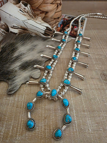 RAYMOND YAZZIE SLEEPING BEAUTY TURQUOISE SQUASH BLOSSOM NECKLACE SET