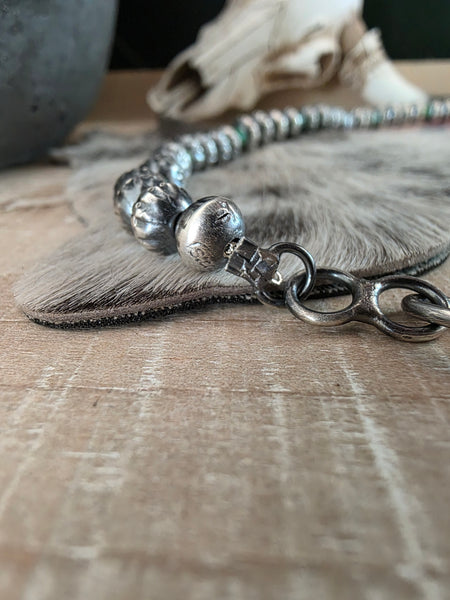 TONISHA HALEY TURQUOISE AND STERLING SILVER HANDMADE FLUTED STAMPED NAVAJO PEARLS