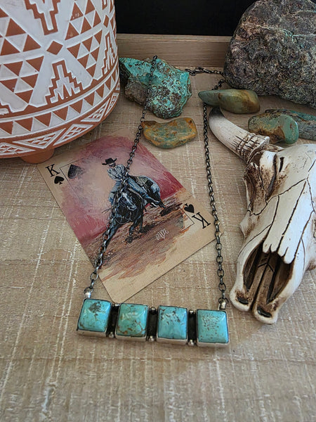 DONOVAN SKEETS FOUR SQUARE STONE KINGMAN TURQUOISE BAR NECKLACE