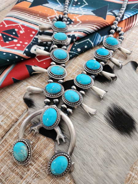 FRANK BEGAY SLEEPING BEAUTY TURQUOISE SQUASH BLOSSOM NECKLACE