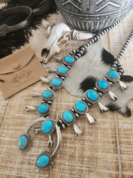 FRANK BEGAY SLEEPING BEAUTY TURQUOISE SQUASH BLOSSOM NECKLACE