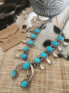 FRANK BEGAY SLEEPING BEAUTY TURQUOISE SQUASH BLOSSOM NECKLACE
