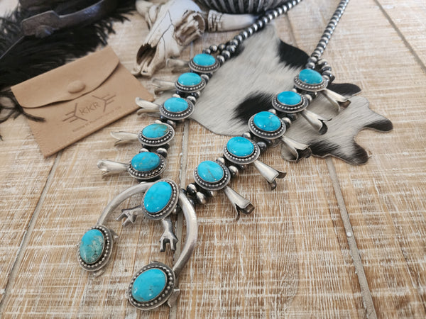 FRANK BEGAY SLEEPING BEAUTY TURQUOISE SQUASH BLOSSOM NECKLACE