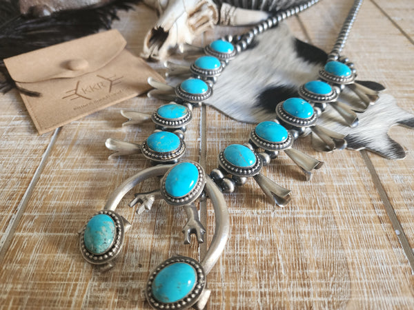 FRANK BEGAY SLEEPING BEAUTY TURQUOISE SQUASH BLOSSOM NECKLACE