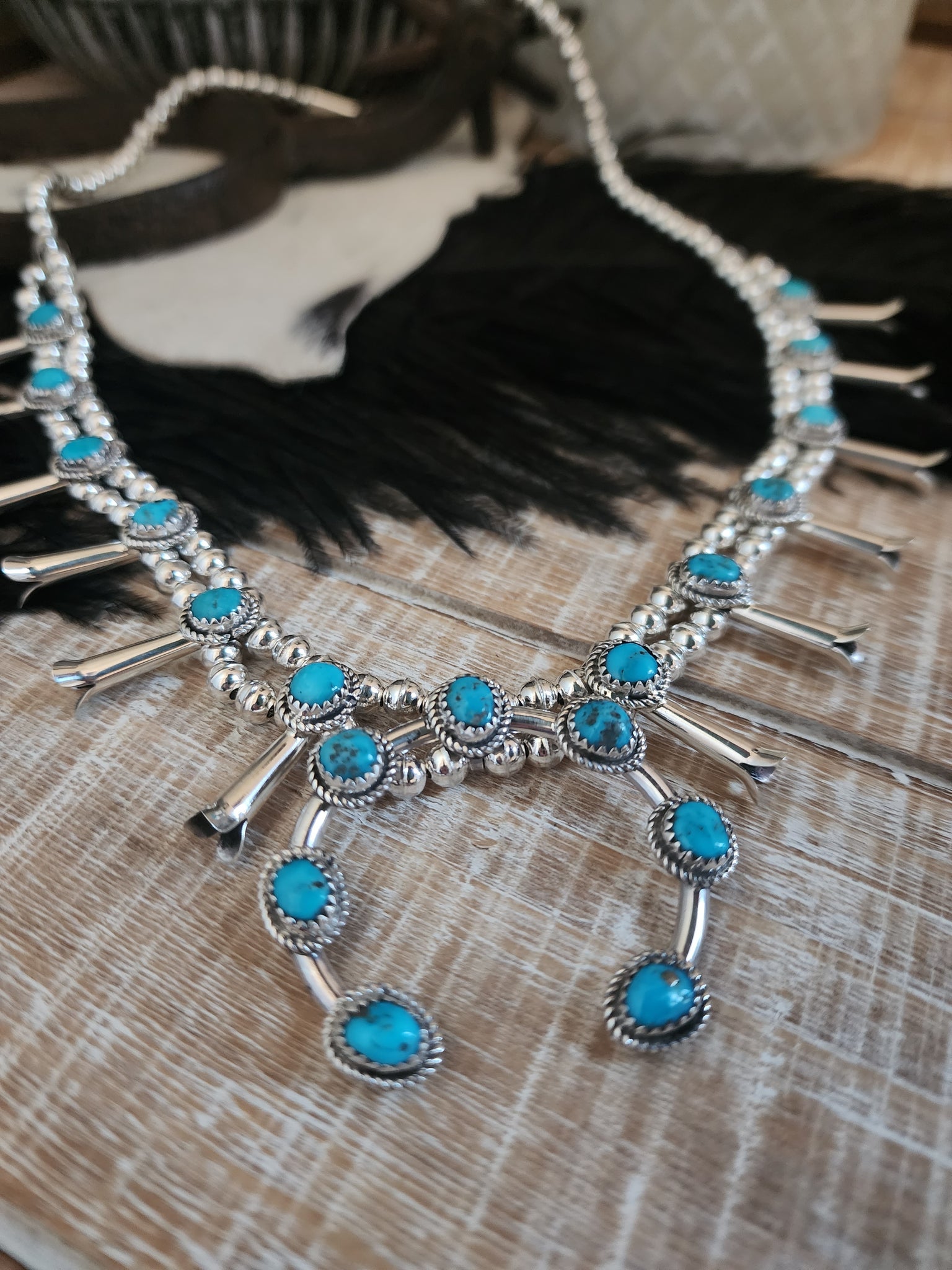 Navajo Turquoise Squash Blossom Necklace 4 Piece Set - NativeIndianMade.com
